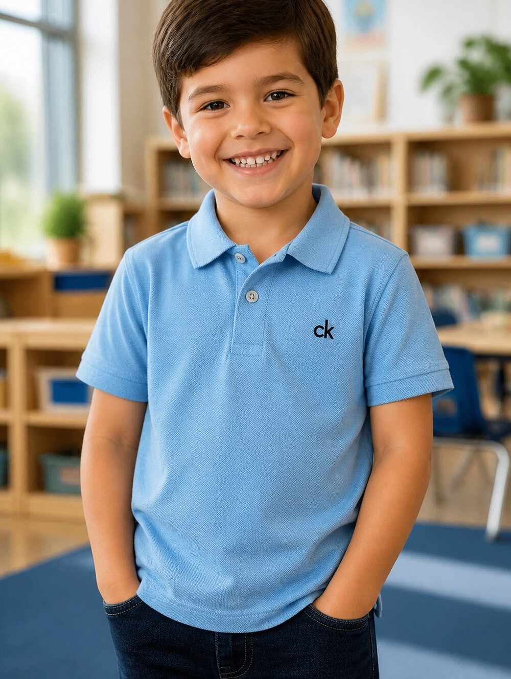 Calvin Klein Boys Pique Polo Shirt Light Blue CK Logo Short Sleeve Size 5 Casual
